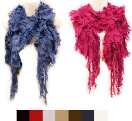 36 Bulk Knitted Solid Color Scarves With Fur Like Fringes
