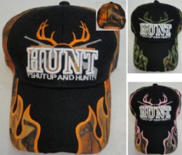 24 Bulk Shut Up And Hunt Hat Camo Flames On Bill
