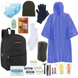 12 Bulk Warm Essential 24-Piece Homeless Care Hygiene Kit With Backpack Poncho Socks