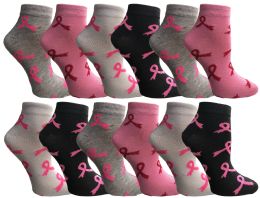 36 Bulk Yacht & Smith Women's Breast Cancer Awareness Socks, Pink Ribbon Ankle Socks