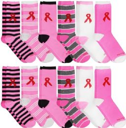 72 Bulk Yacht & Smith Printed Breast Cancer Awareness Socks, Pink Ribbon Women Crew Socks