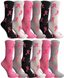 48 Bulk Pink Ribbon Breast Cancer Awareness Crew Socks For Women Size 9-11