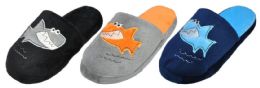 48 Bulk Boy's Terry Cloth Mule Slippers W/ Shark Adornment & Soft Footbed