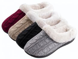 36 Bulk Girl's Cable Knit Clog Slippers W/ Faux Fur Lining