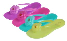 36 Bulk Girls Jelly Flip Flops W/ Flower Adornment