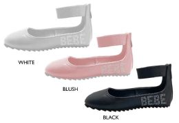12 Bulk Girl's Shimmer Patent Flats W/ Elastic Ankle Strap, Bebe Rhinestone Logo, & Treaded Soles