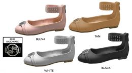 12 Bulk Girl's Patent Leather Flats W/ Elastic Ankle Strap & Rhinestone Bebe Medallion Details