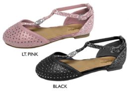 12 Bulk Girl's Shimmer Faux Leather Flats W/ Rhinestone & Bebe Print Details