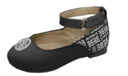 12 Bulk Toddler Girl's Ankle Strap Ballet Flats W/ Bebe Heel Print & Stud Embellishment - Black