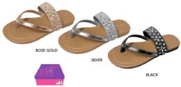 12 Bulk Girl's Thong Sandals W/ Flower Rhinestones & Shimmer Straps