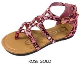 8 Bulk Girl's Shimmer Leopard Gladiator Sandals - Rose Gold W/ Rhinestone Gems