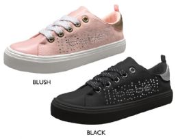 12 Bulk Girl's Lace Up Microsuede Sneakers W/ Bebe Rhinestone Logo & Shimmer Laces