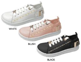 12 Bulk Girl's Lace Up Sneakers W/ Gold Bebe Print & Hardware