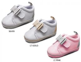 18 Bulk Infant Girl's Glitter Bow Sneakers W/ Bebe Print Heel & Metallic Stripe Sidewall