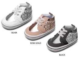 36 Bulk Infant Girl's Bebe Print Glitter Sneakers W/ Metallic Details & Elastic Straps