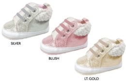 18 Bulk Infant Girl's Shimmer Sneakers W/ Sherpa Trim & Elastic Laces