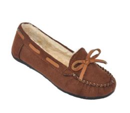 18 Bulk Children's Moccasin Slippers Withfaux Fur Lining In Brown
