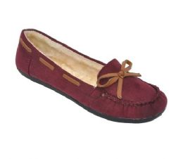 18 Bulk Children's Moccasin Slippers With Faux Fur Lining In Fuchsia Burgundy