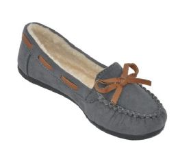 18 Bulk Children's Moccasin Slippers With Faux Fur Lining In Gray