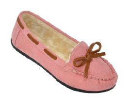 18 Bulk Children's Moccasin Slippers W/ith Faux Fur Lining In Pink