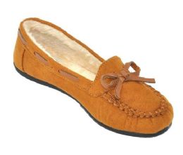 18 Bulk Children's Moccasin Slippers With Faux Fur Lining In Camel