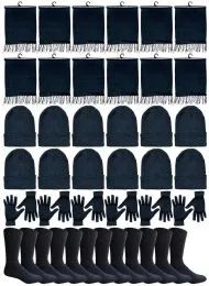 24 Bulk Yacht & Smith Wholesale 4 Piece Set Hat, Gloves, Scarf And Sock In Solid Black