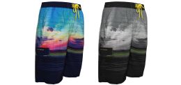 24 Bulk Men's High Fashion 4-Way Swim Trunks W/ Beach Sunset Print - Sizes SmalL-2xl