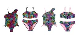 24 Bulk Little Girl's High Fashion One & TwO-Piece Rainbow Swimsuits W/ Cheetah Print - Sizes 4-6x