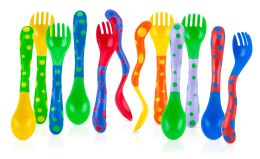72 Bulk Nuby Fun Feeding Spoon And Fork Set 4 pack 12 months up
