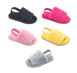 36 Bulk Slipper With Strap For Girls Fuzzy Slide Sandal Shoes Fluffy Faux Fur 