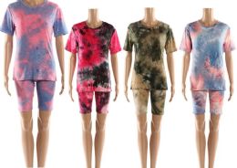 48 Bulk 2 Piece Shorts Set For Women Tie Dye Short Sleeve Top And Shorts Lounge Wear