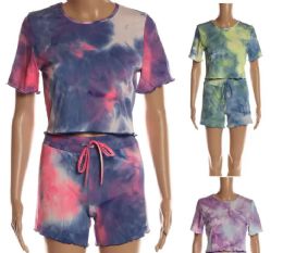 48 Bulk Womens Tie Dye Printed Short Sleeve Tops And Shorts Set