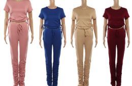 48 Bulk Women 2 Piece Pure Color Suit Short Sleeve Leisure Pocket Home Sweatpants Sets