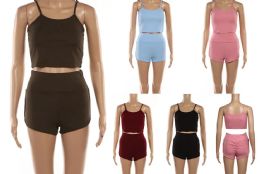 48 Bulk Women's 2 Piece Outfit Spaghetti Strap Sleeveless Crop Top And Shorts Set
