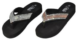36 Bulk Women's Wedge Gizeh Thong Sandals With Rhinestone Patterns And Diamond Embellishment