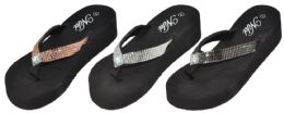 36 Bulk Women's Wedge Gizeh Thong Sandals With Diamond Center And Rhinestone Embellishment
