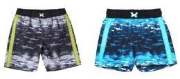 24 Bulk Little Boy's Printed Swim Trunks With Two Tone Stripes Shark Print