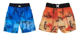 24 Bulk Toddler Boy's Striped Swim Trunks With Dinosaur And Palm Tree Print