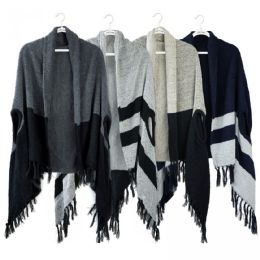 12 Bulk Jack And Missy Alpine Poncho Shawl Wraps With Two Tone Stripes And Fringed Ends