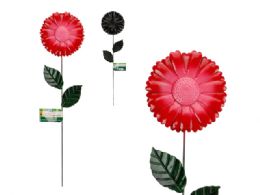 72 Bulk Metal Garden Stake With Leaves, Pink Flower