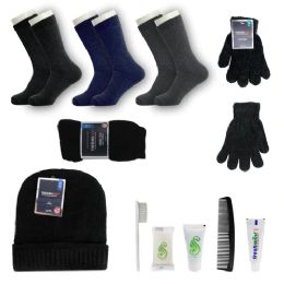 12 Bulk 12 Set Wholesale Bundle For Personal Use, Homeless, Charity, And Travel - Bulk Case Of 12 Pairs Of Socks, 12 Pairs Of Gloves, 12 Hygiene Kits, 12 Beanies