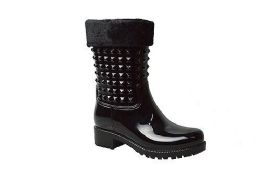 12 Bulk Womens Rain Boots Lightweight With Fur Lining Color Black Size 5-10