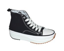 12 Bulk Womens Mid Top Canvas Lace Up Sneakers In Black