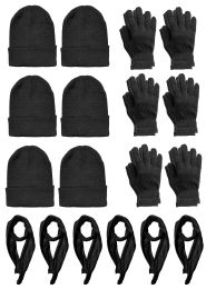 144 Bulk Yacht & Smith Pre Assembled Unisex 3 Piece Winter Care Sets, Hat Gloves Scarf Set Solid Black