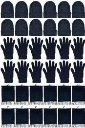 36 Bulk Yacht & Smith Pre Assembled Unisex 3 Piece Winter Care Sets, Hat Gloves Scarf Set Solid Black