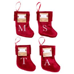 48 Bulk Stocking Mini 8in Monogam Letter Embroid 16ast Velvet Ht/jhook