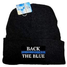24 Bulk Black Color Winter Beanie Back The Blue