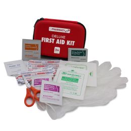 24 Bulk Pharmacy Best First Aid Case 34 Ct DeluxE-15 Ct Assorted Bandages, 4 Ct Alcohol Pads, 3 Ct Sting Relief Wipes, 2 Ct Gauze Pad, 2 Ct Non Woven Pads, 2 Ct Cleaning Wipes, 2 Ct Soap Towelette, 2 Ct Pvc G