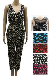 12 Bulk Long Feather Print Romper Jumpsuit With Lace Back