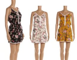 12 Bulk Spaghetti Strap Jumpsuit Shorts With Floral Prints